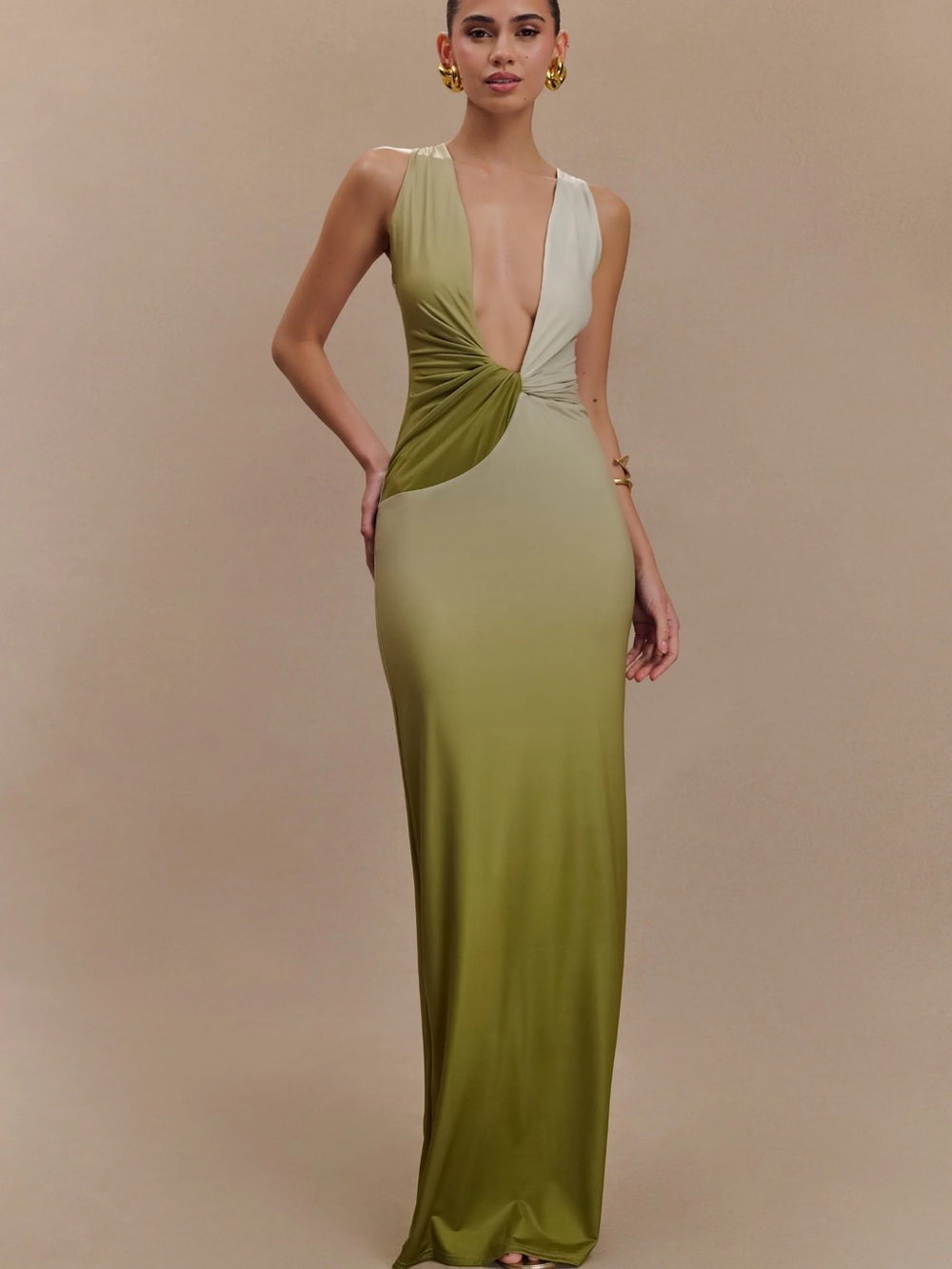 Meshki Stella Draped Slinky Maxi Dress in Ombre Vintage Olive - Size S